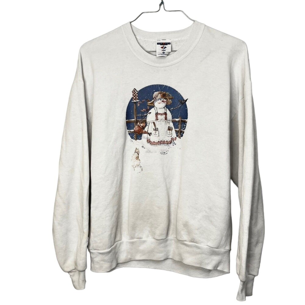Vintage Jerzees Snowman Sweatshirt Women's Large White Grandma Christmas Garden